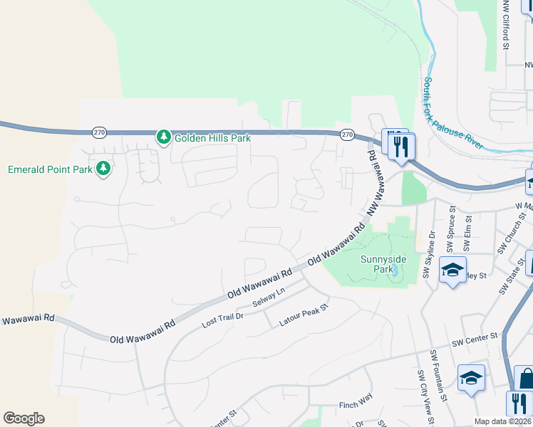 map of restaurants, bars, coffee shops, grocery stores, and more near 251 Northwest Sunrise Drive in Pullman