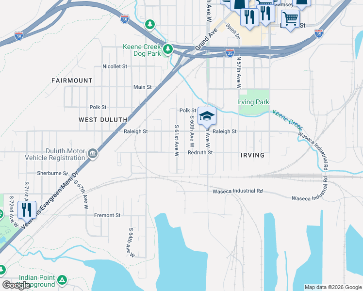 map of restaurants, bars, coffee shops, grocery stores, and more near 203 South 61st Avenue West in Duluth