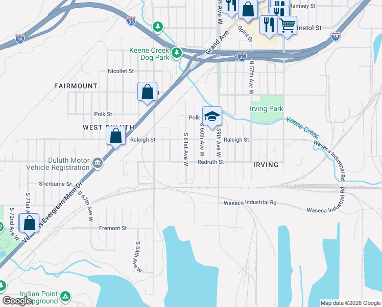 map of restaurants, bars, coffee shops, grocery stores, and more near 203 South 61st Avenue West in Duluth