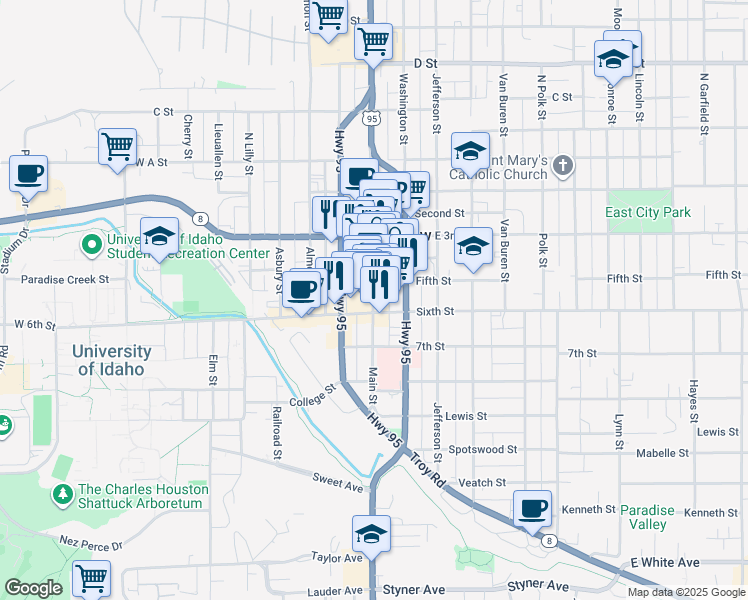 map of restaurants, bars, coffee shops, grocery stores, and more near 516 South Main Street in Moscow
