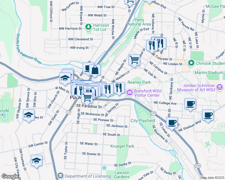 map of restaurants, bars, coffee shops, grocery stores, and more near 340 Northeast Maple Street in Pullman