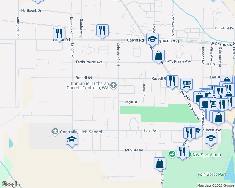 map of restaurants, bars, coffee shops, grocery stores, and more near in Fords Prairie