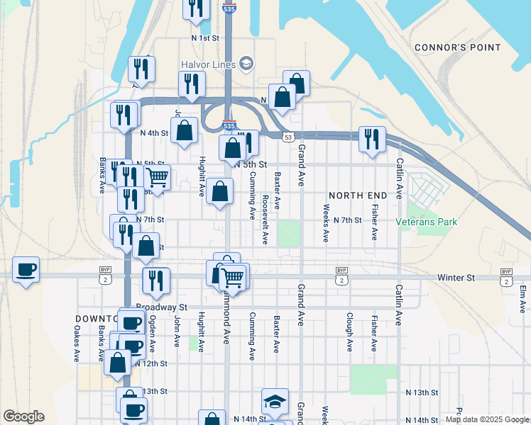 map of restaurants, bars, coffee shops, grocery stores, and more near Roosevelt Avenue in Superior