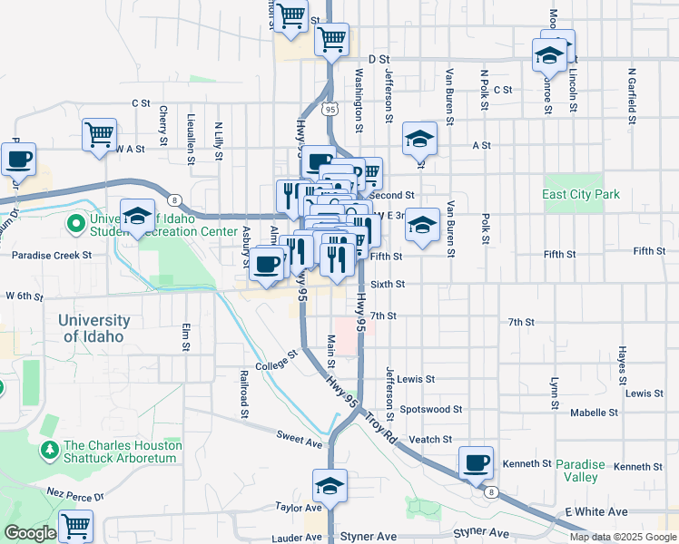 map of restaurants, bars, coffee shops, grocery stores, and more near 516 South Main Street in Moscow