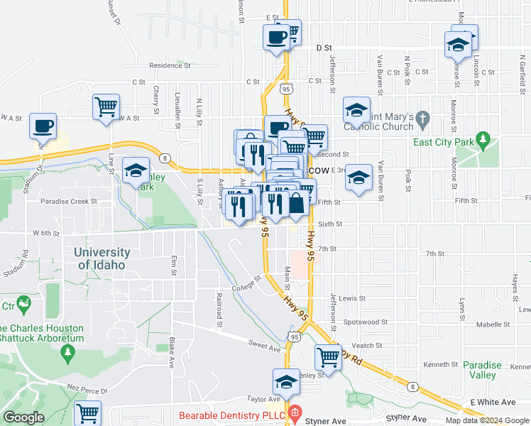 map of restaurants, bars, coffee shops, grocery stores, and more near 421 South Jackson Street in Moscow