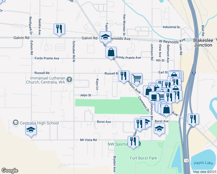 map of restaurants, bars, coffee shops, grocery stores, and more near 2804 Russell Road in Centralia