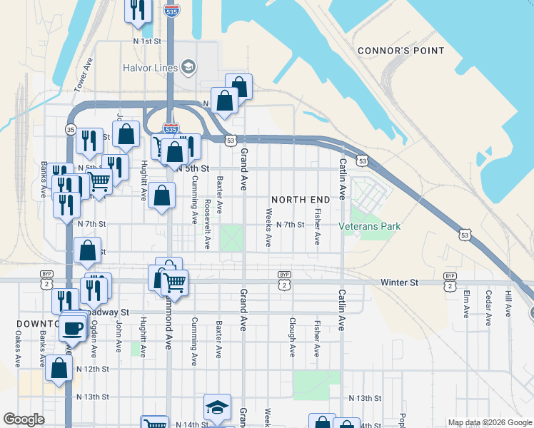 map of restaurants, bars, coffee shops, grocery stores, and more near 611 Weeks Avenue in Superior