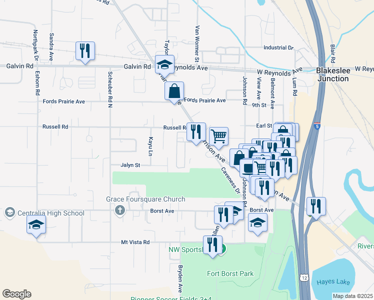 map of restaurants, bars, coffee shops, grocery stores, and more near 1313 Harrison Avenue in Centralia