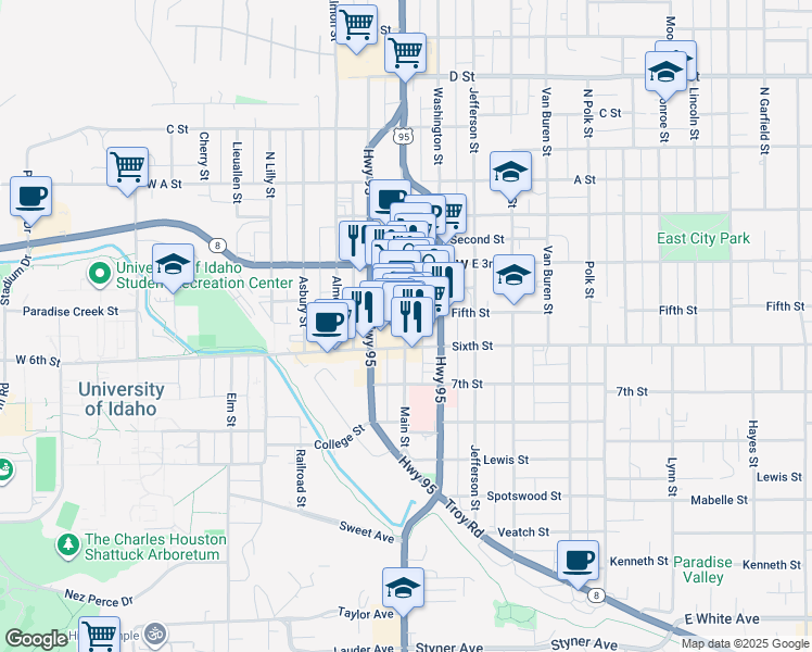 map of restaurants, bars, coffee shops, grocery stores, and more near 508 South Main Street in Moscow