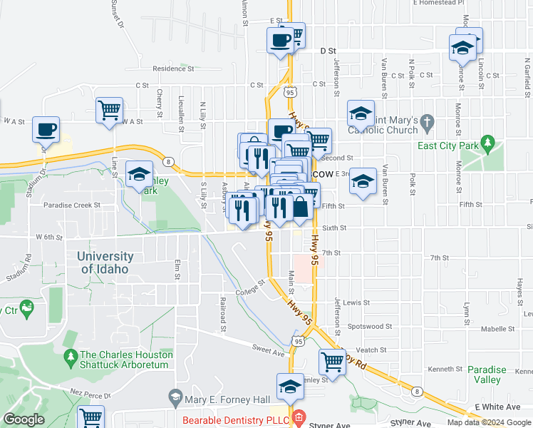 map of restaurants, bars, coffee shops, grocery stores, and more near 421 South Jackson Street in Moscow