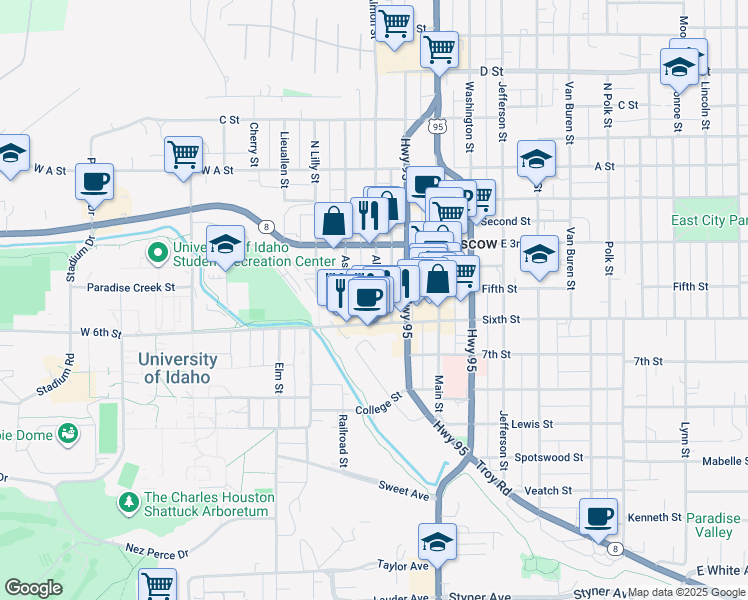 map of restaurants, bars, coffee shops, grocery stores, and more near 419 South Almon Street in Moscow