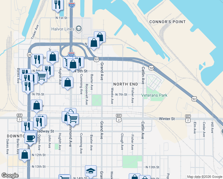 map of restaurants, bars, coffee shops, grocery stores, and more near 611 Weeks Avenue in Superior