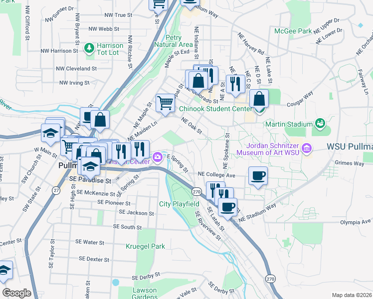 map of restaurants, bars, coffee shops, grocery stores, and more near 700 Northeast Reaney Way in Pullman