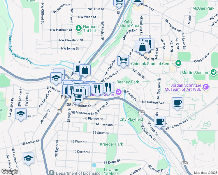 map of restaurants, bars, coffee shops, grocery stores, and more near 435 Northeast Morton Street in Pullman