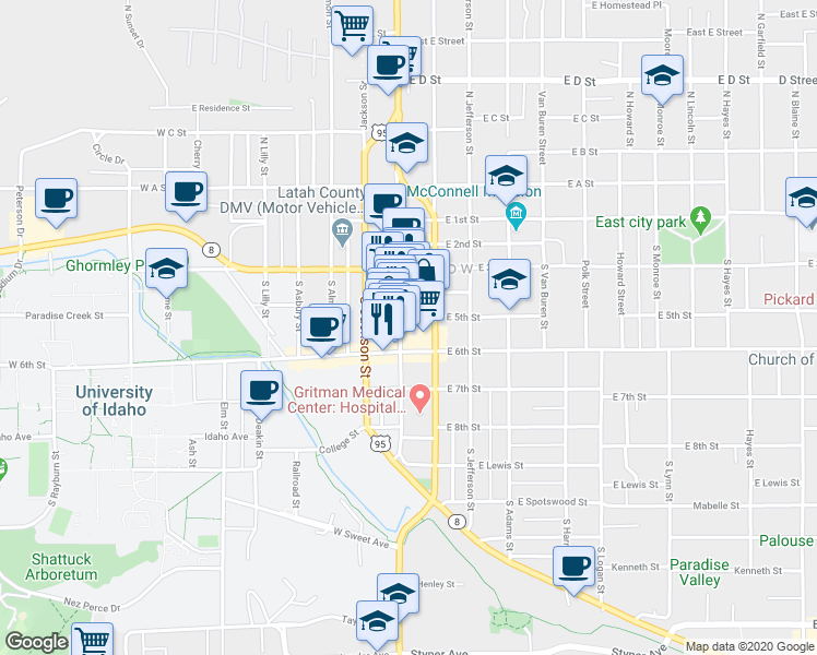 map of restaurants, bars, coffee shops, grocery stores, and more near 508 South Main Street in Moscow