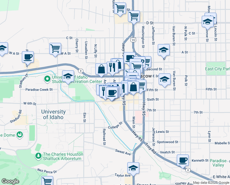 map of restaurants, bars, coffee shops, grocery stores, and more near 419 South Almon Street in Moscow