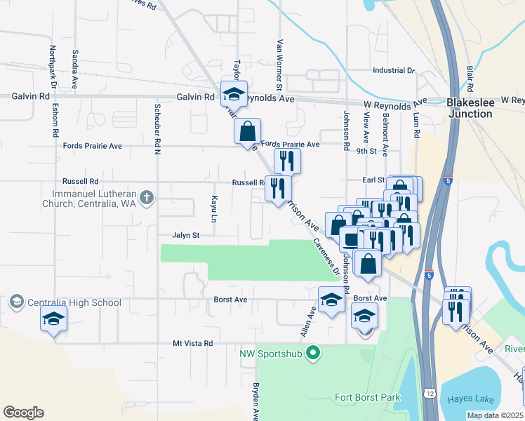 map of restaurants, bars, coffee shops, grocery stores, and more near 1313 Harrison Avenue in Centralia