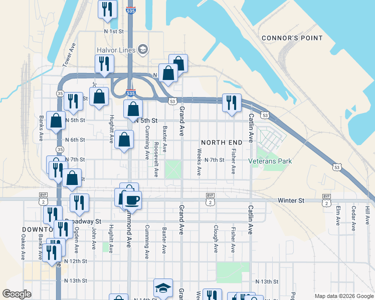 map of restaurants, bars, coffee shops, grocery stores, and more near 611 Weeks Avenue in Superior