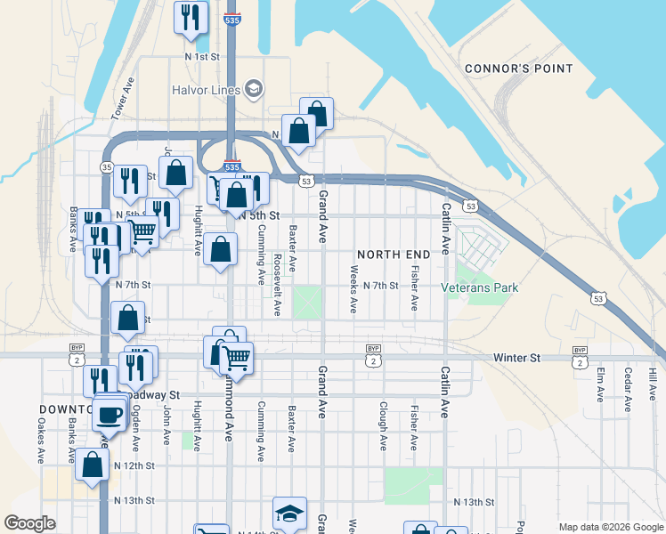map of restaurants, bars, coffee shops, grocery stores, and more near 611 Weeks Avenue in Superior
