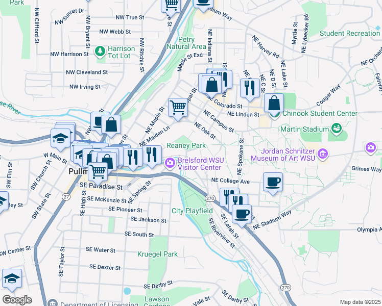 map of restaurants, bars, coffee shops, grocery stores, and more near 700 Northeast Reaney Way in Pullman