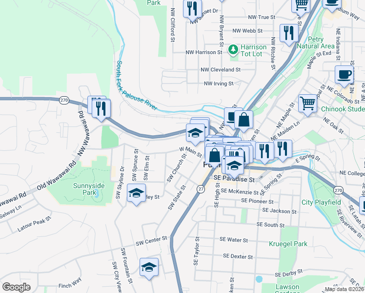 map of restaurants, bars, coffee shops, grocery stores, and more near 310 West Main Street in Pullman