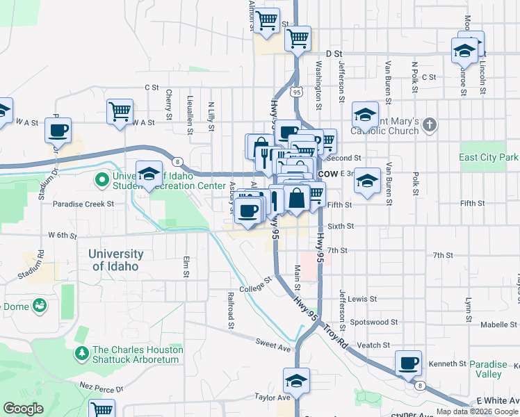 map of restaurants, bars, coffee shops, grocery stores, and more near 421 South Jackson Street in Moscow