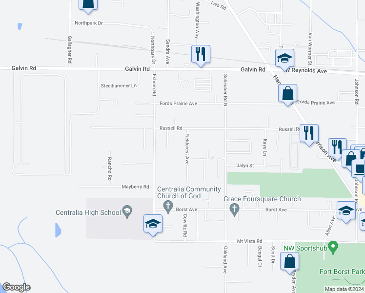 map of restaurants, bars, coffee shops, grocery stores, and more near 1217 Fieldcrest Avenue in Centralia