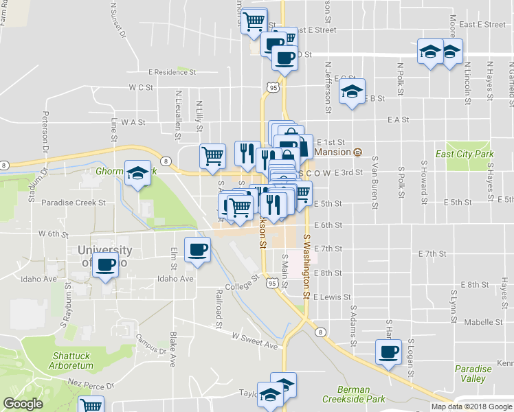 map of restaurants, bars, coffee shops, grocery stores, and more near 421 South Jackson Street in Moscow