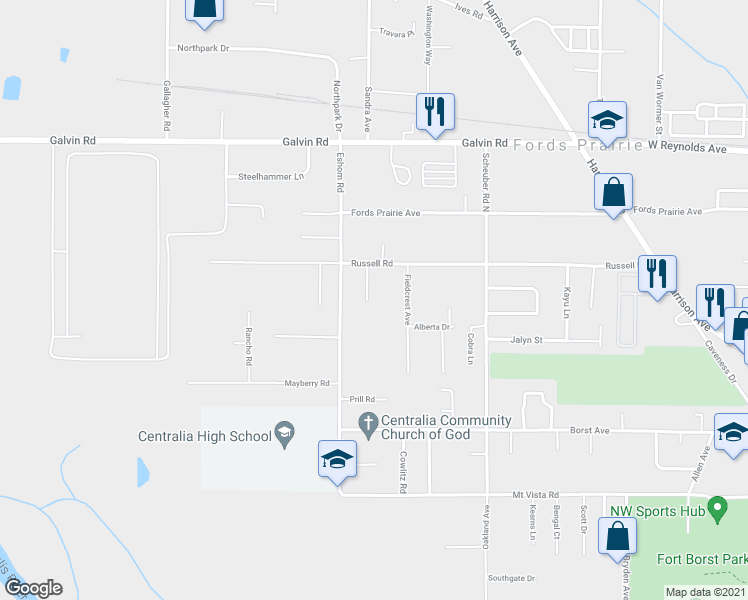 map of restaurants, bars, coffee shops, grocery stores, and more near 1306 Greenwood Lane in Centralia