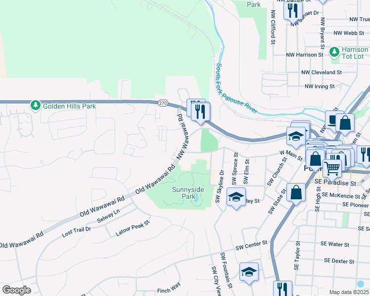 map of restaurants, bars, coffee shops, grocery stores, and more near 172 Northwest Wawawai Road in Pullman