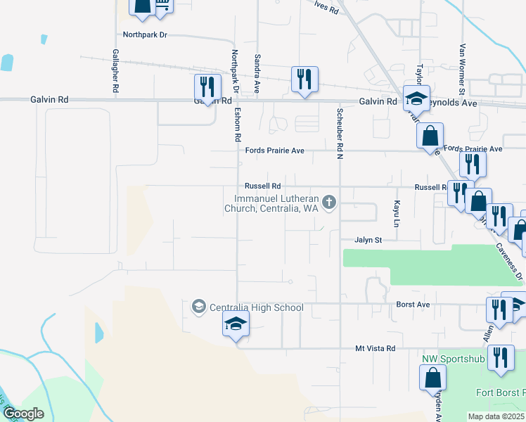 map of restaurants, bars, coffee shops, grocery stores, and more near 1306 Greenwood Lane in Centralia
