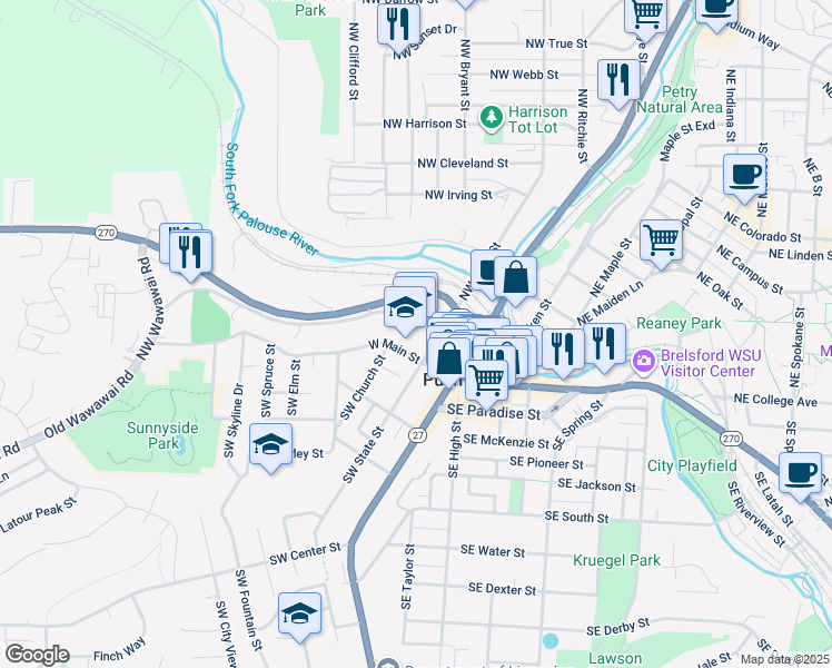 map of restaurants, bars, coffee shops, grocery stores, and more near 115 Northwest State Street in Pullman