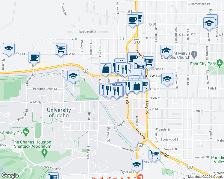 map of restaurants, bars, coffee shops, grocery stores, and more near 419 South Almon Street in Moscow