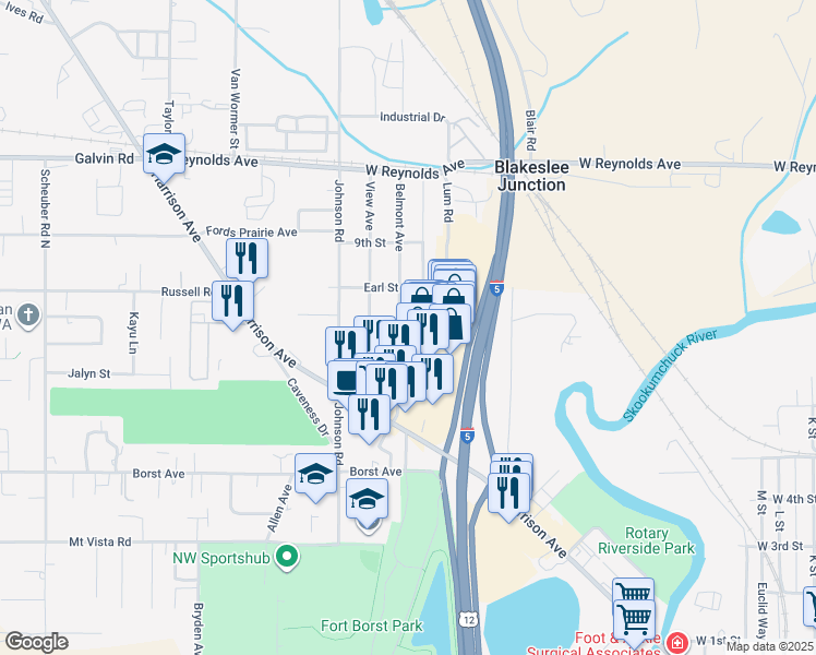 map of restaurants, bars, coffee shops, grocery stores, and more near 222 Belmont Avenue in Centralia