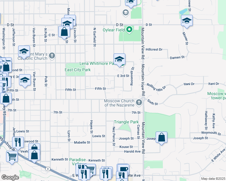 map of restaurants, bars, coffee shops, grocery stores, and more near 1211 East 5th Street in Moscow