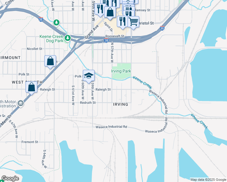 map of restaurants, bars, coffee shops, grocery stores, and more near 5620 Raleigh Street in Duluth
