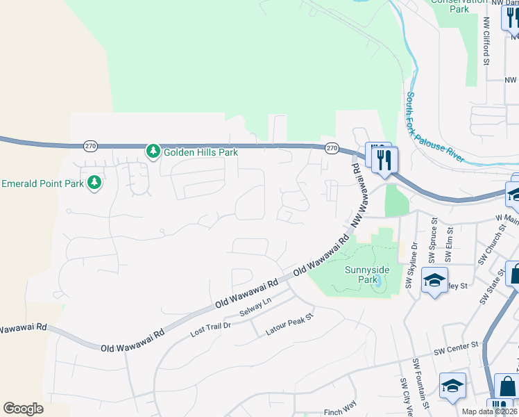 map of restaurants, bars, coffee shops, grocery stores, and more near 251 Northwest Sunrise Drive in Pullman