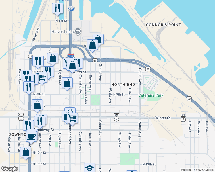 map of restaurants, bars, coffee shops, grocery stores, and more near 611 Weeks Avenue in Superior