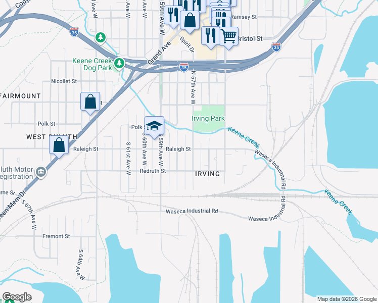 map of restaurants, bars, coffee shops, grocery stores, and more near 5620 Raleigh Street in Duluth