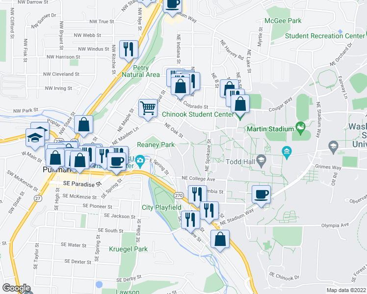map of restaurants, bars, coffee shops, grocery stores, and more near 855 Northeast Oak Street in Pullman