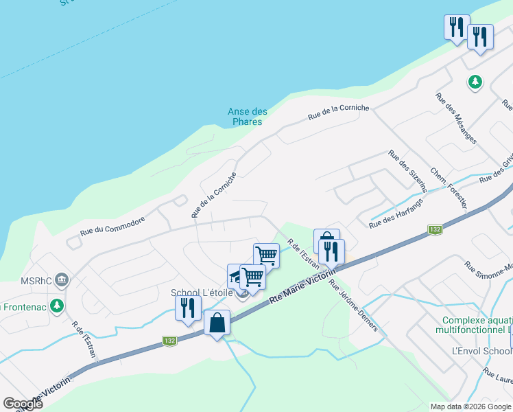 map of restaurants, bars, coffee shops, grocery stores, and more near 1120 Rue de l'Estran in Levis