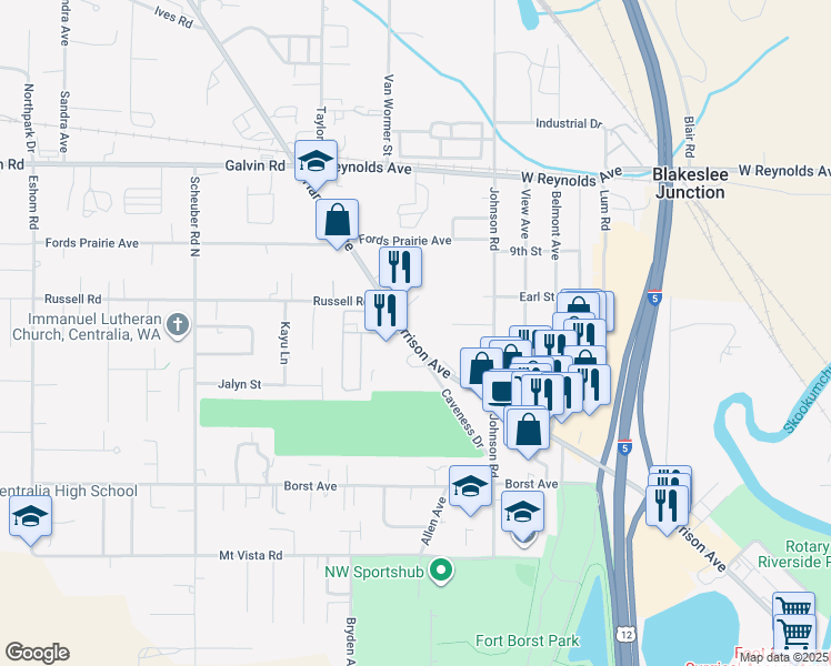 map of restaurants, bars, coffee shops, grocery stores, and more near 1310 Harrison Avenue in Centralia