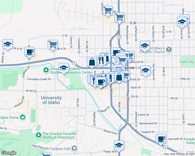 map of restaurants, bars, coffee shops, grocery stores, and more near 412 South Asbury Street in Moscow