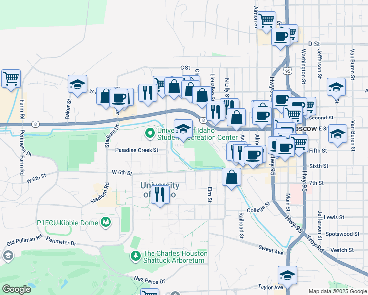 map of restaurants, bars, coffee shops, grocery stores, and more near 510 Home Street in Moscow