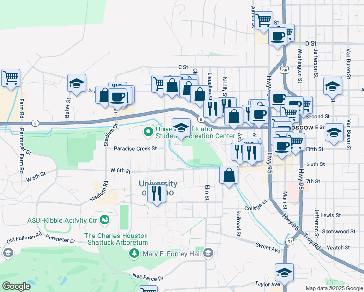 map of restaurants, bars, coffee shops, grocery stores, and more near 510 Home Street in Moscow