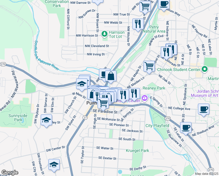 map of restaurants, bars, coffee shops, grocery stores, and more near in Pullman