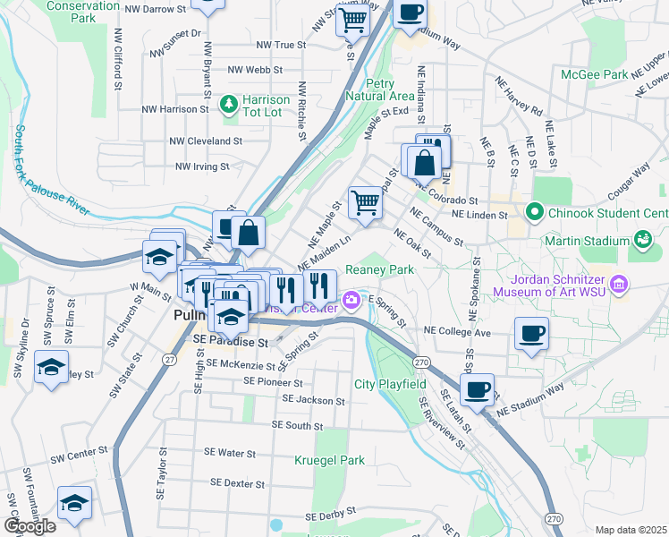 map of restaurants, bars, coffee shops, grocery stores, and more near 435 Northeast Morton Street in Pullman