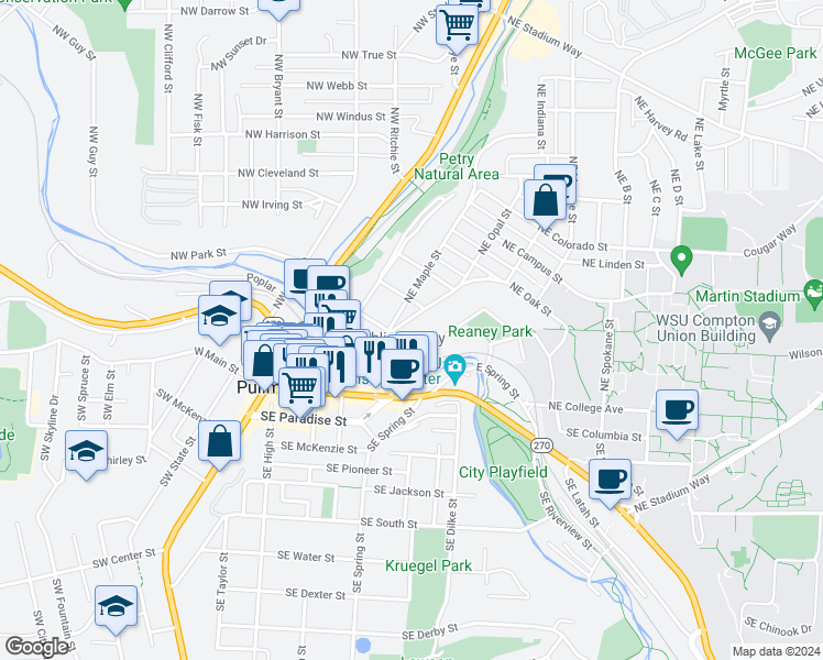 map of restaurants, bars, coffee shops, grocery stores, and more near 435 Northeast Morton Street in Pullman