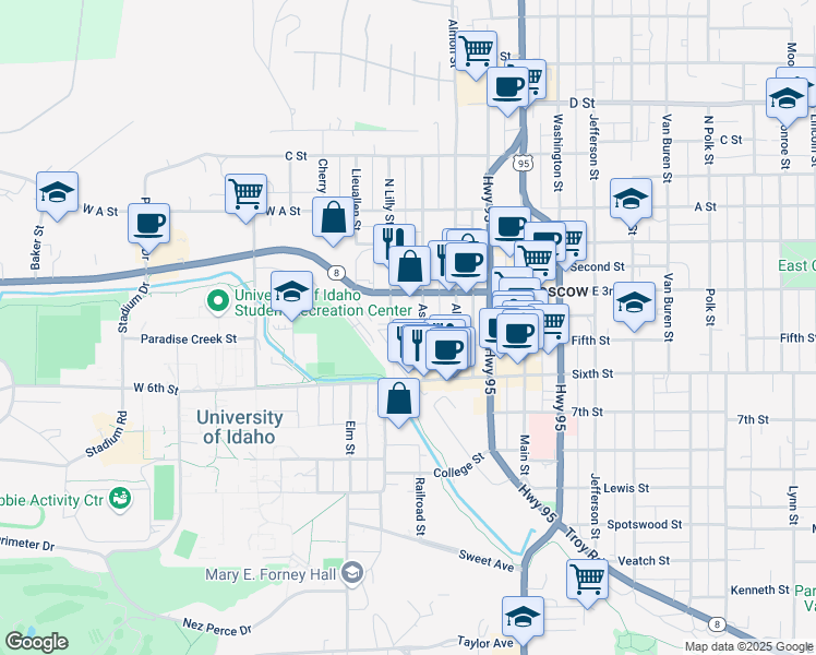 map of restaurants, bars, coffee shops, grocery stores, and more near 419 South Asbury Street in Moscow