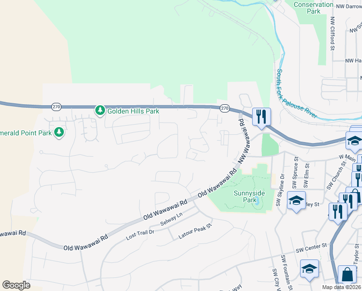 map of restaurants, bars, coffee shops, grocery stores, and more near 251 Northwest Sunrise Drive in Pullman